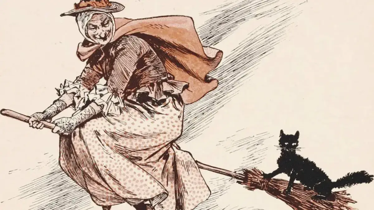 Bruxa com vassoura e gato